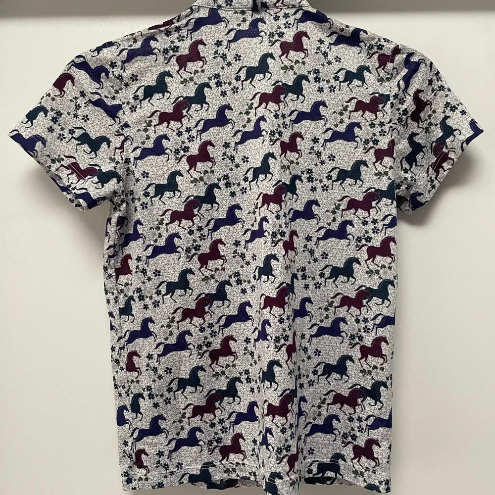 Kerrits Short Sleeve Horse-Print Polo — White with Navy & Burgundy - Picture 2 of 3